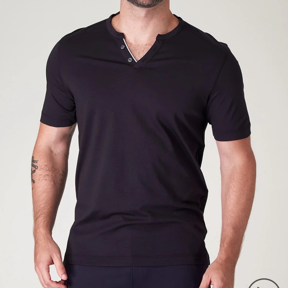 Raffi Brad Men’s Short Sleeve Henley  L Black 100% Aqua Cotton Classic Comfort